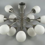 12-flame Sputnik chandelier from the 1960s and 1970s, Kaiser Leuchten, opal glass design