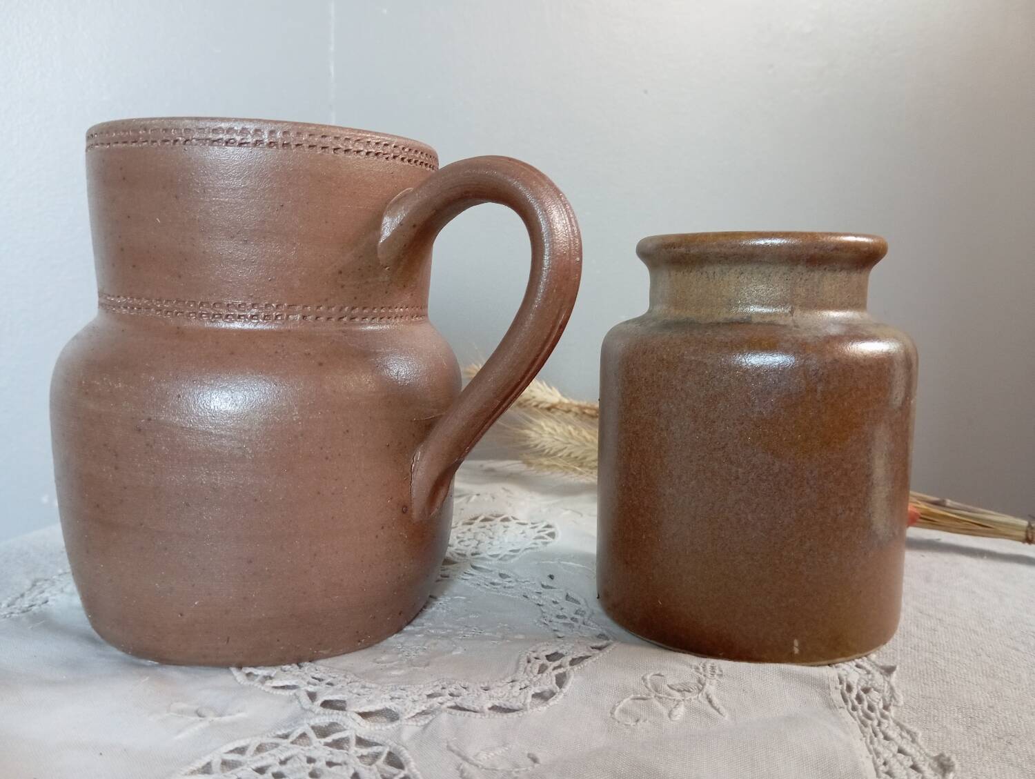 Duo of stoneware ceramic, pitcher and pot, vintage