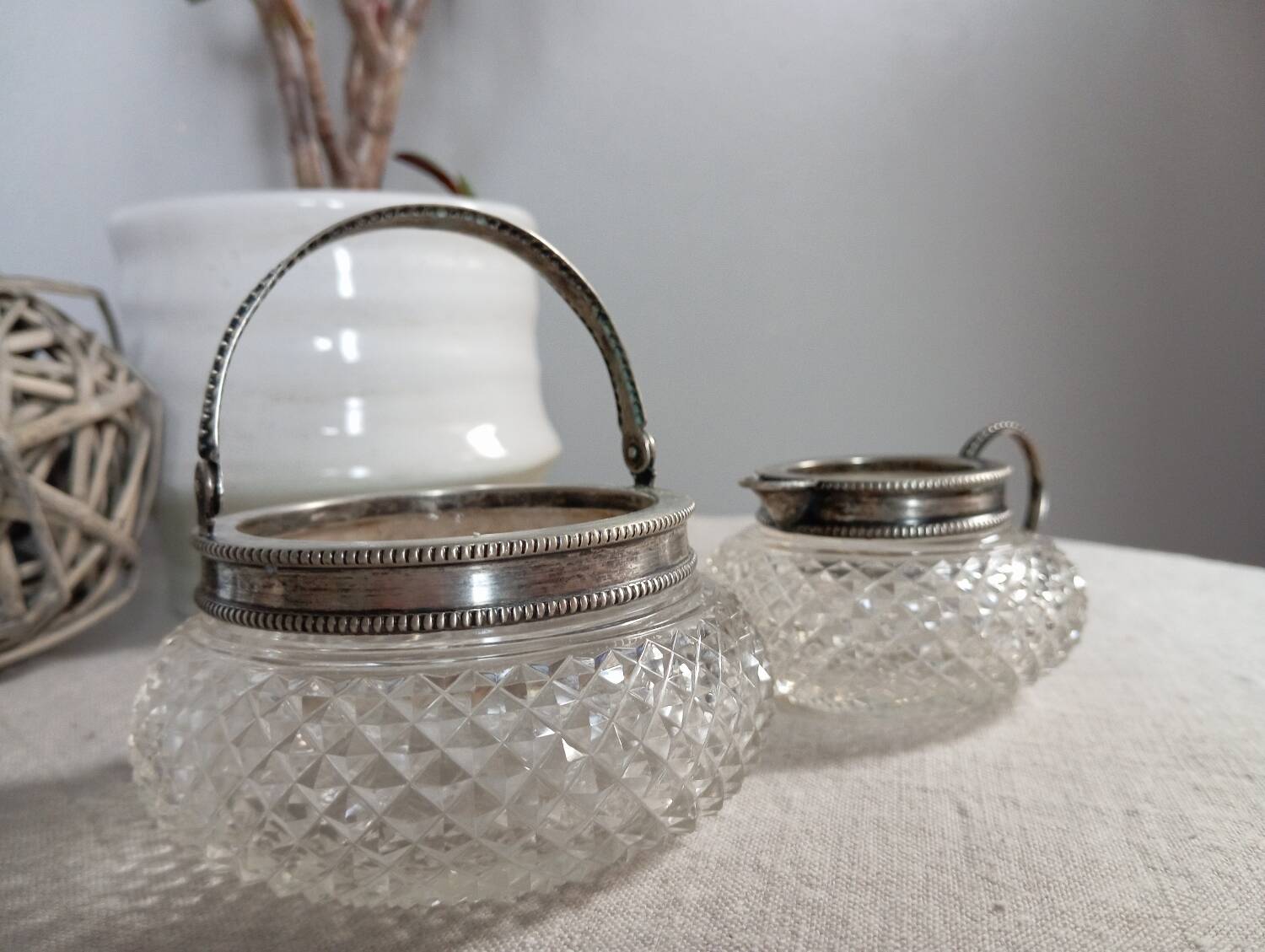 Creamer and jam maker in diamond-point crystal and silver rim, circa 1930
