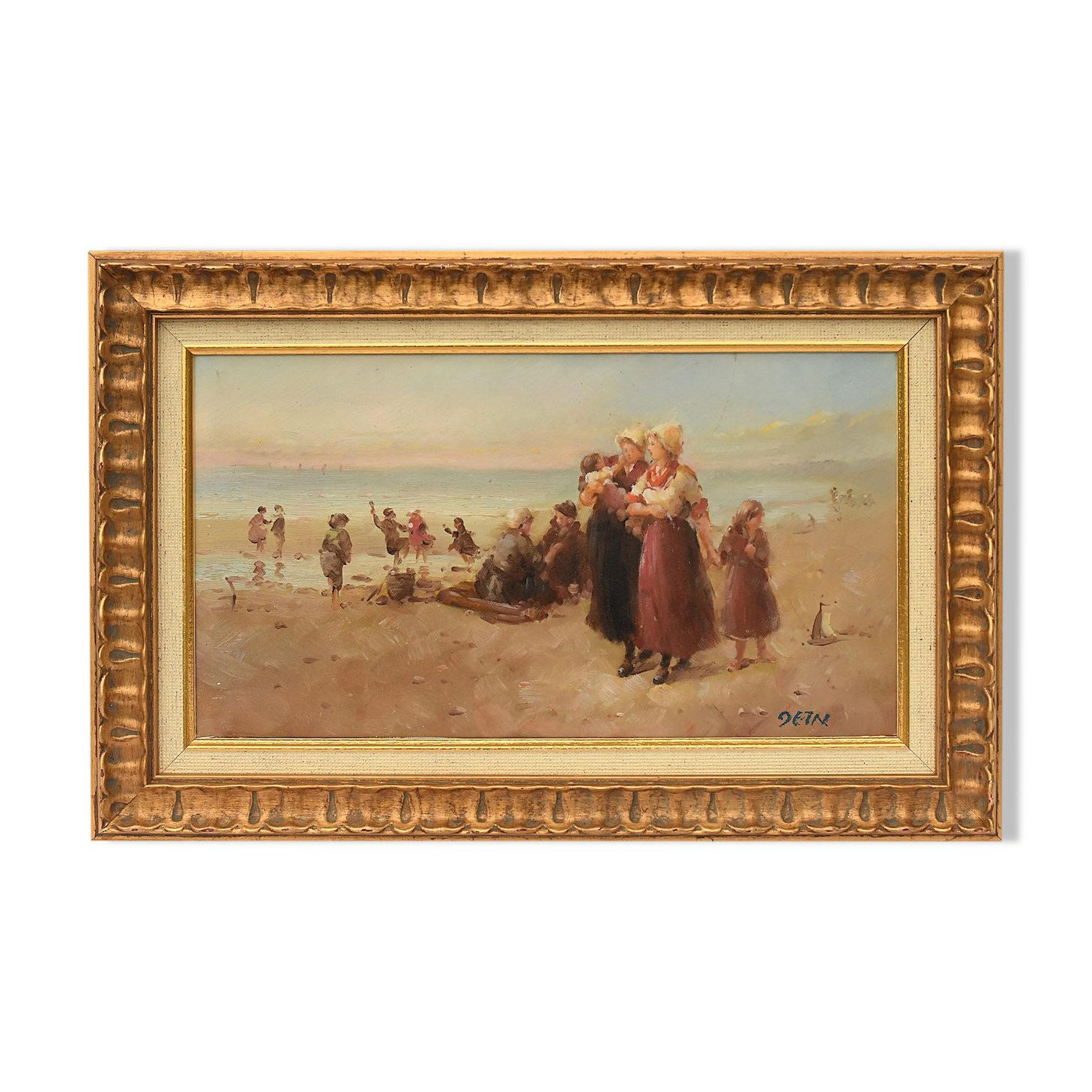 Oil on canvas seaside animated by characters