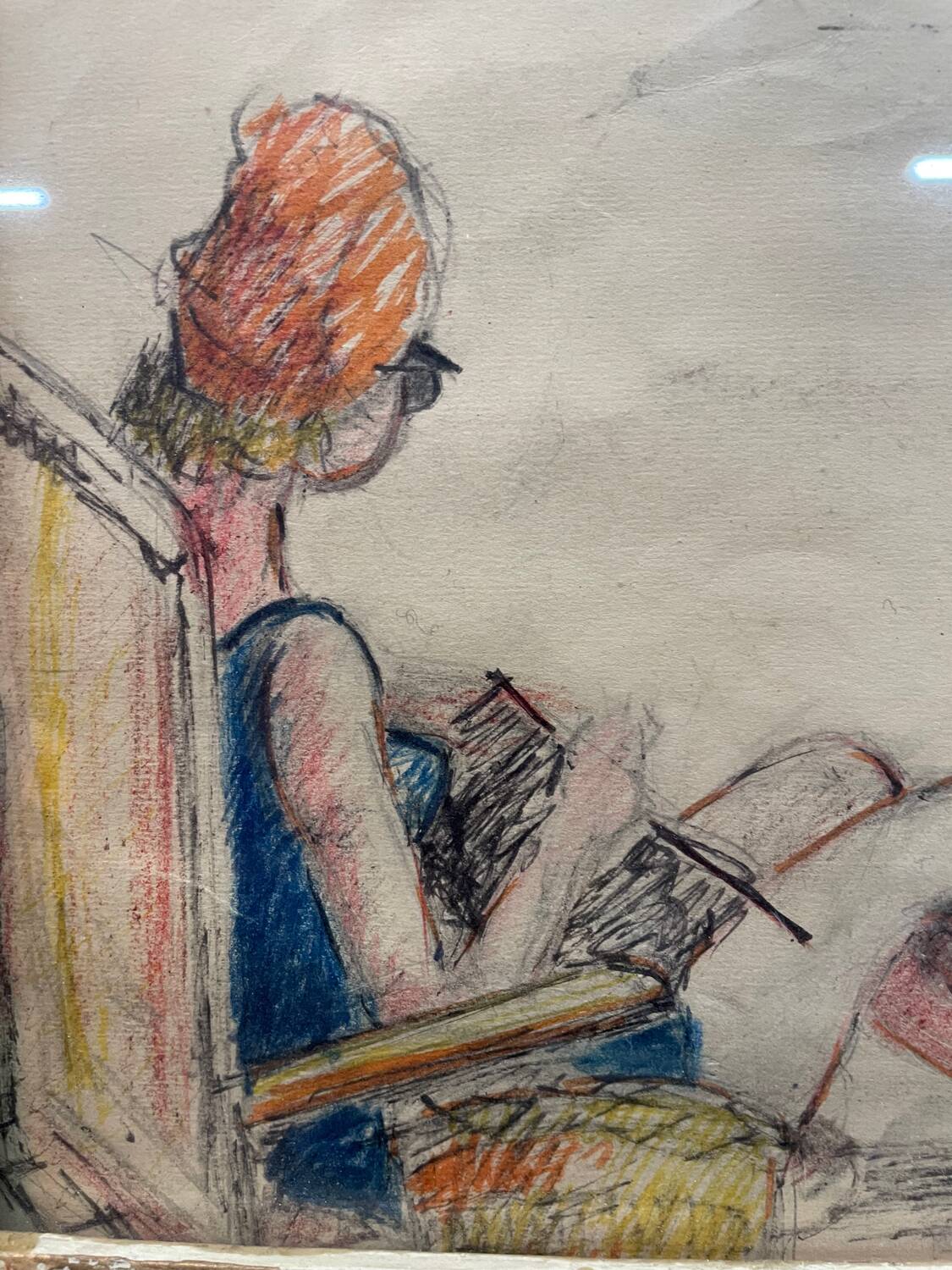 Dry pastels on paper “woman knitting on the beach”