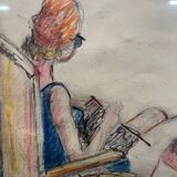 Dry pastels on paper “woman knitting on the beach”