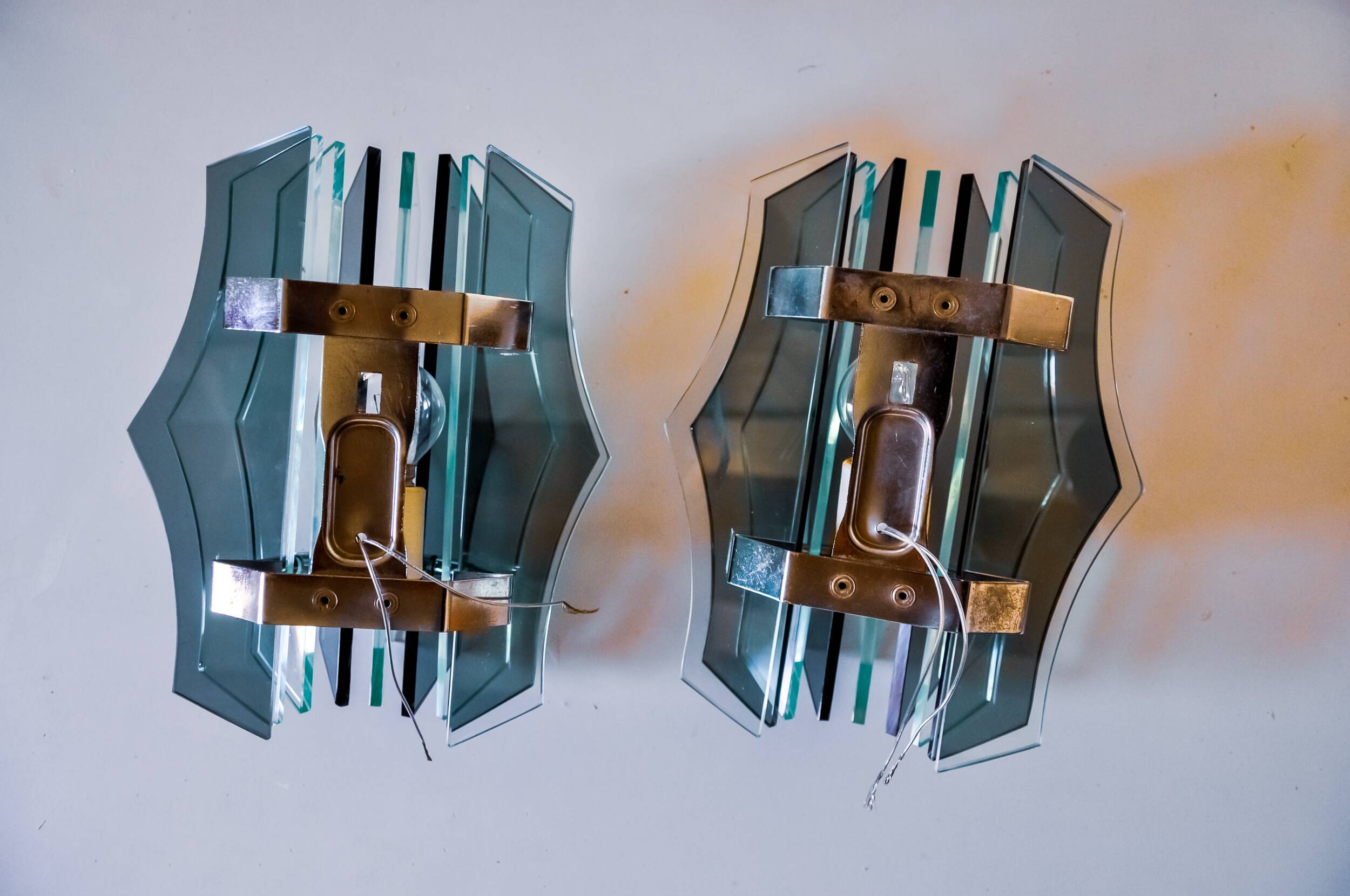 Pair of Veca wall lights, green murano glass, Italy 1970