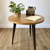 Table basse tripode en bois et marqueterie bicolore design scandinave 1950