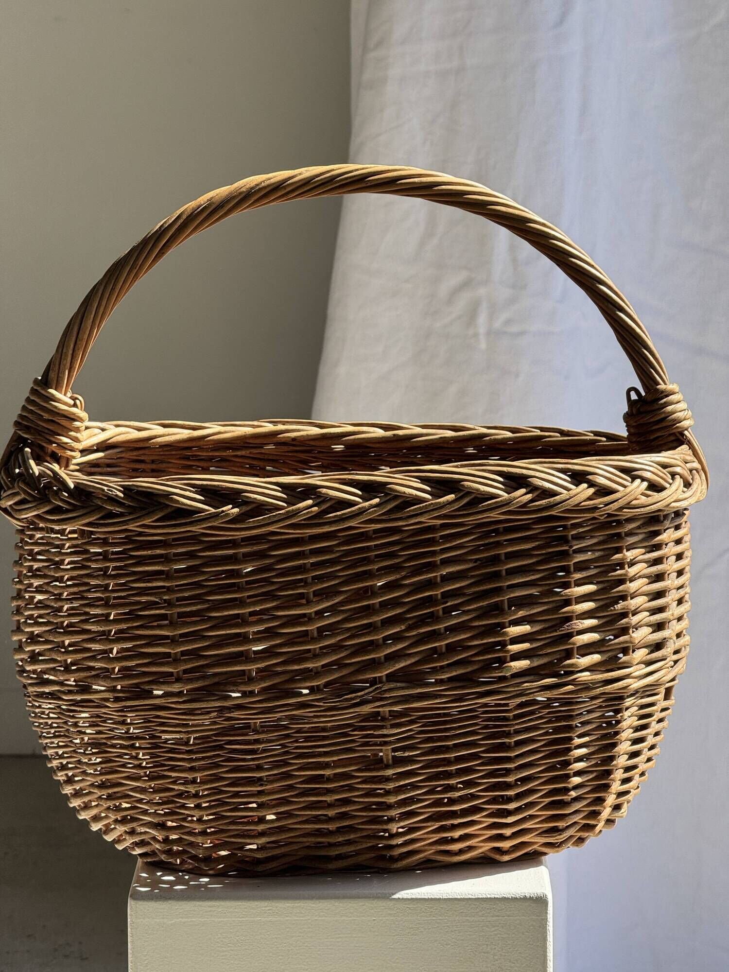 Large antique woven wicker basket with handle H45 L43 D25
