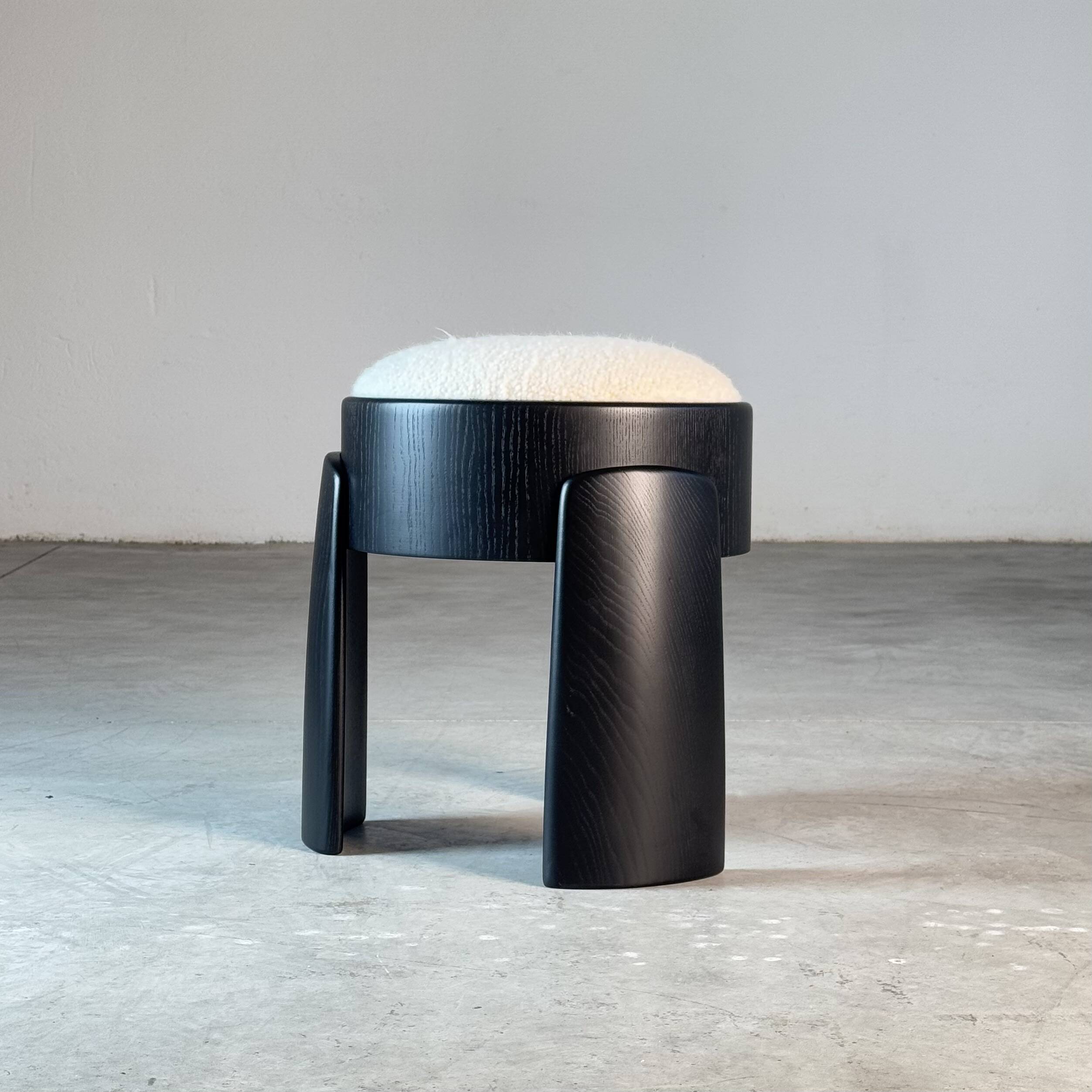 Sculptural Black Ash Wood Stool with Dedar Milano Bouclé Ivory by FORME