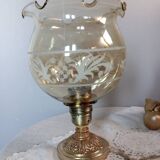 Table lamp with bronze base, round globe with amber and granite ruffles, retro chic
