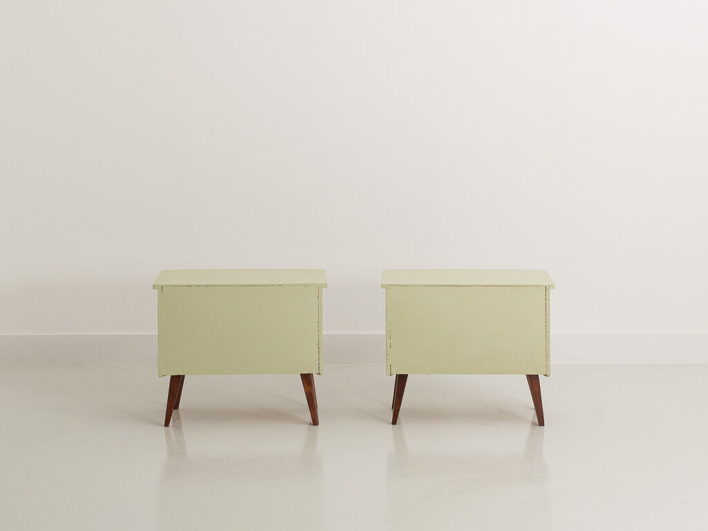 Pair of vintage bedside tables completely restyled in pale green on solid beech compass legs