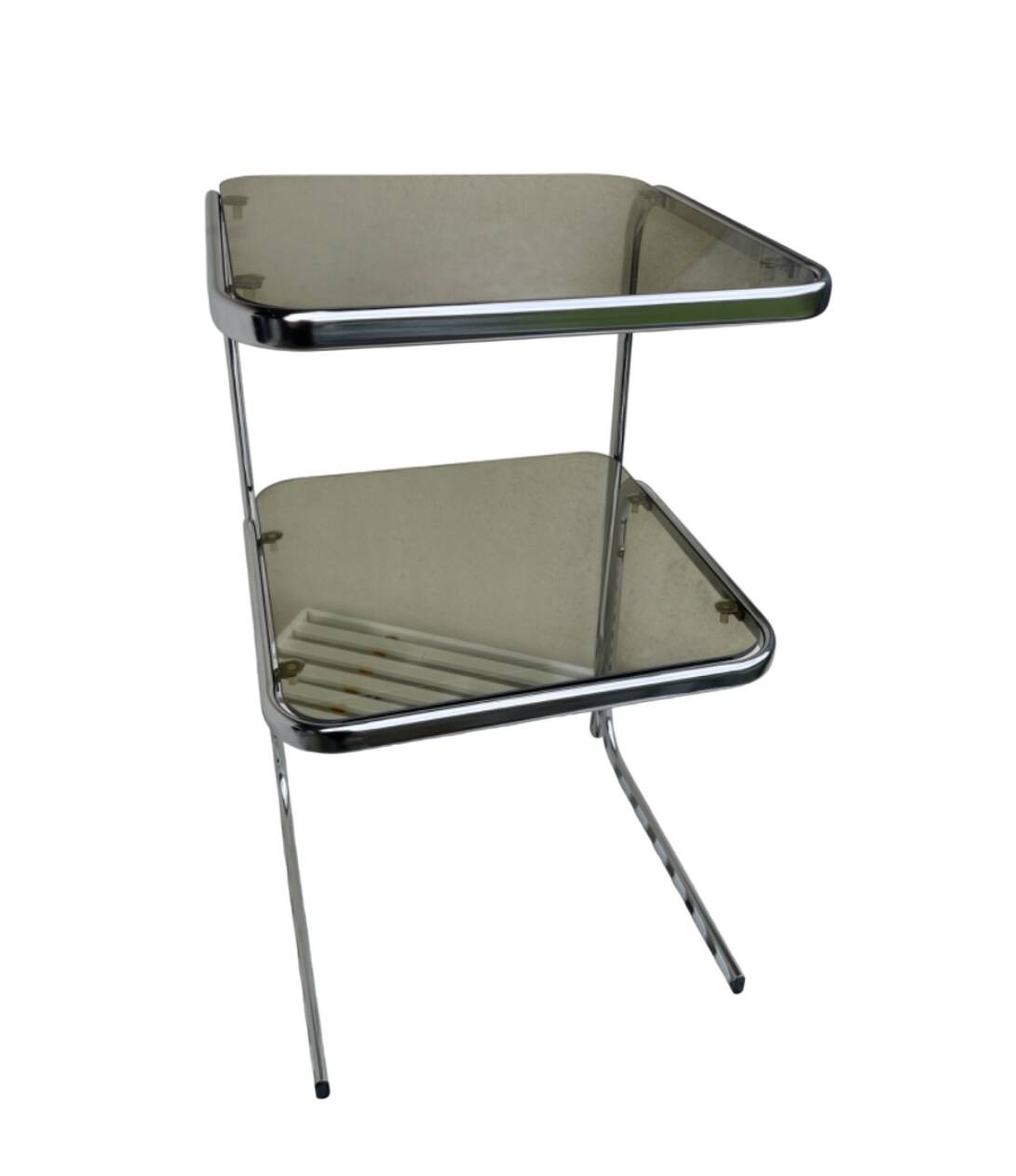 Vintage 1970s side table in smoked glass and chrome.