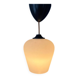 Small reversed tulip mid-century opaline glass hanging lamp
