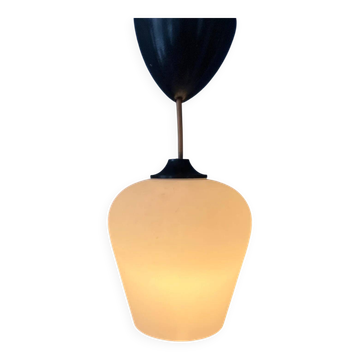 Small reversed tulip mid-century opaline glass hanging lamp