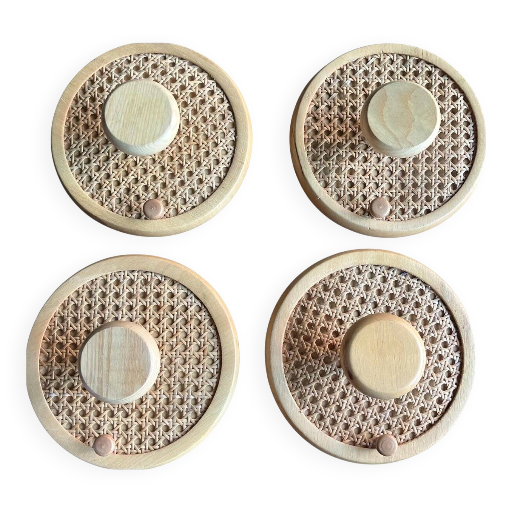 Coat Wall Hooks in Wood and Woven Cane, 1960s, Set of 2