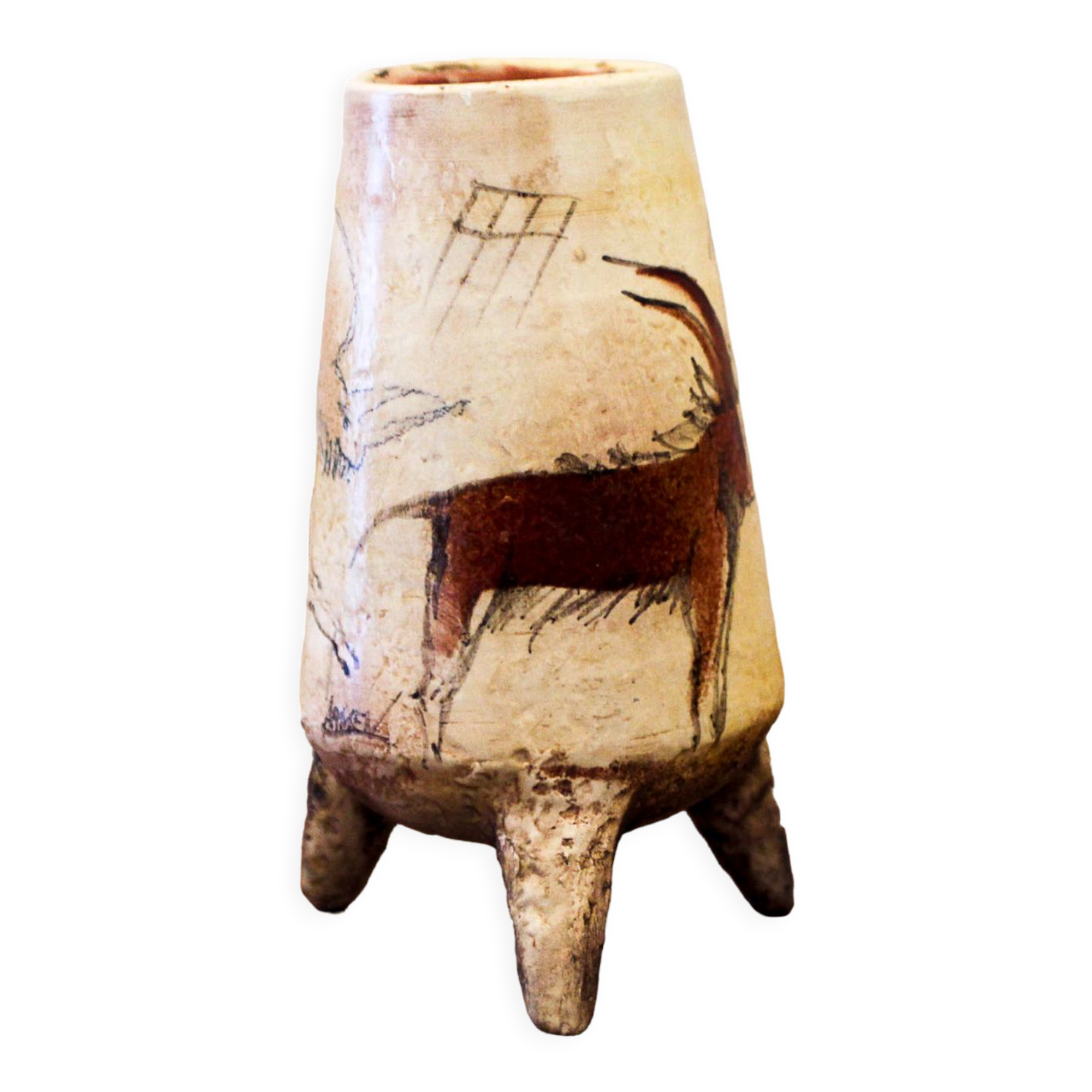 Ceramic tripod vase with parietal decoration by Armen