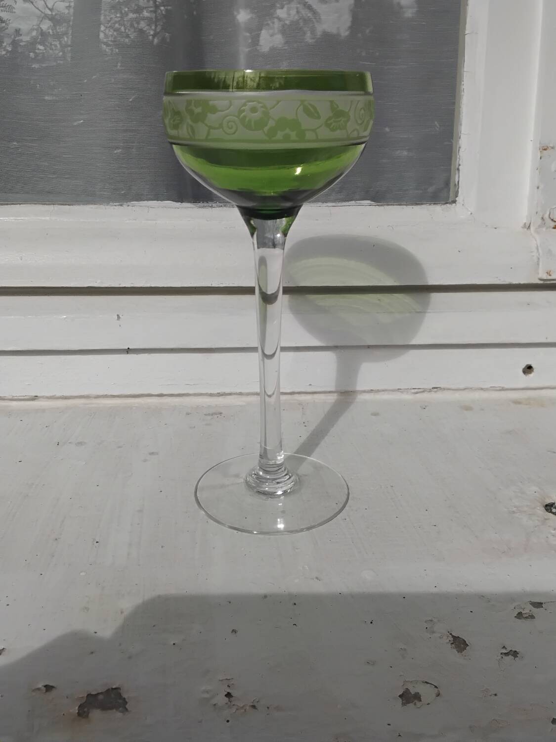 14cl Nancy Houillon crystal wine glass with green floral border
