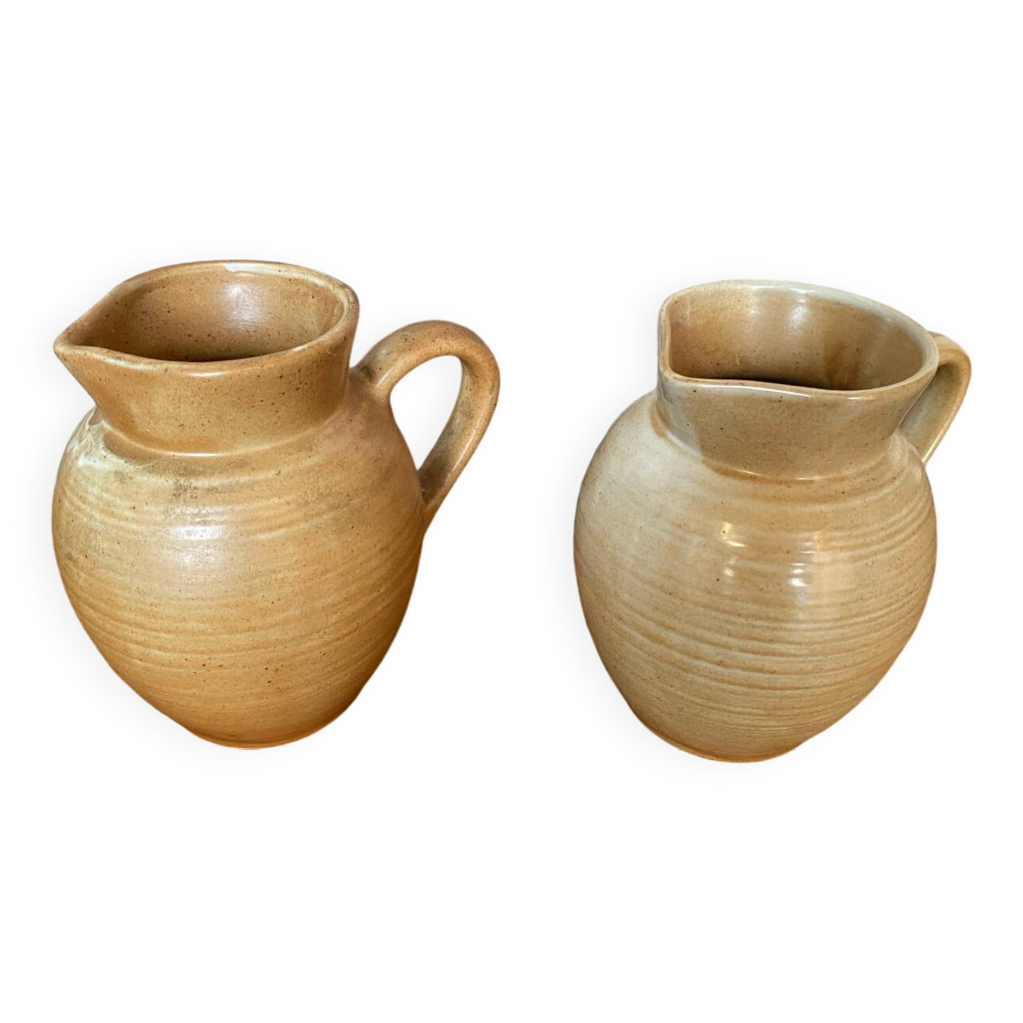 Pair antique cnp village beige & cream stoneware pitchers vintage