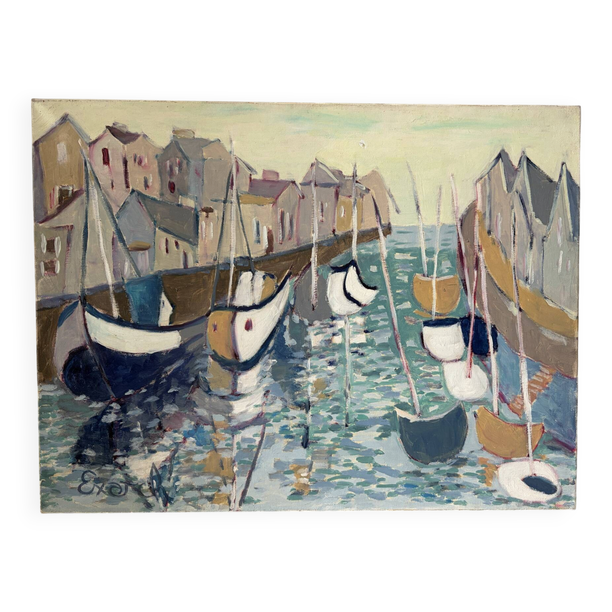 Houses by the port in the mist, oil on canvas signed 1989