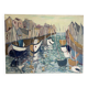 Houses by the port in the mist, oil on canvas signed 1989