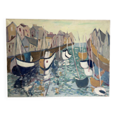 Houses by the port in the mist, oil on canvas signed 1989