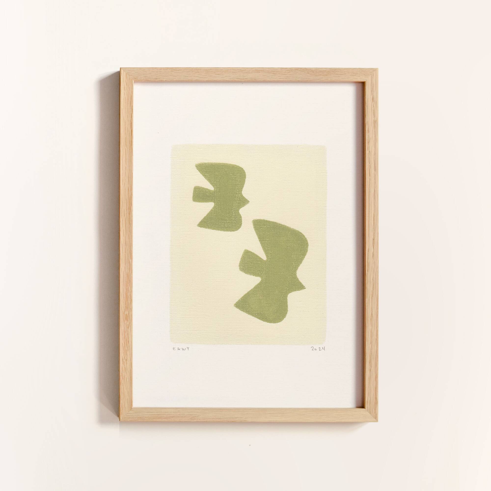 Painting on paper - Birds - Sage green - Signed EAwy