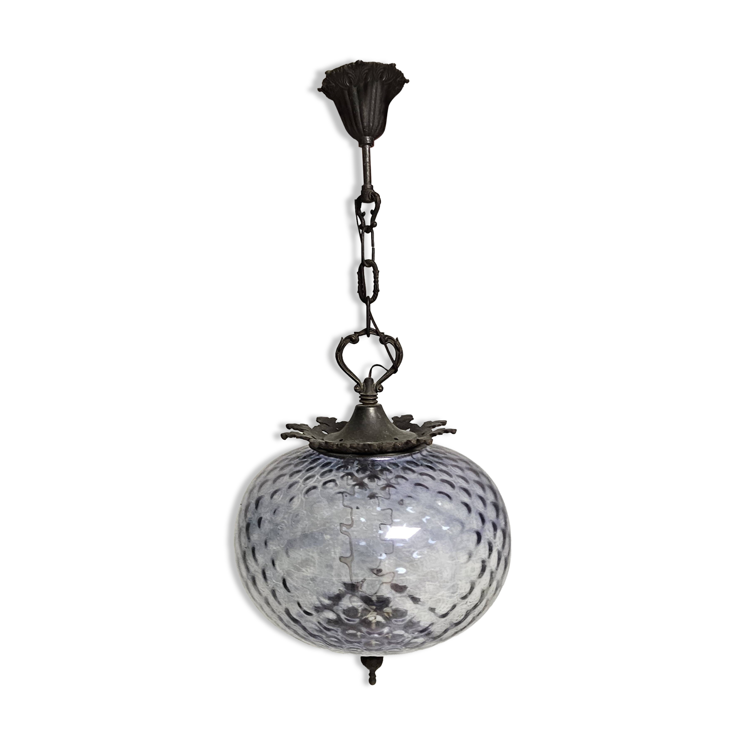 Antique French Victorian style bronze and purple glass pendant light