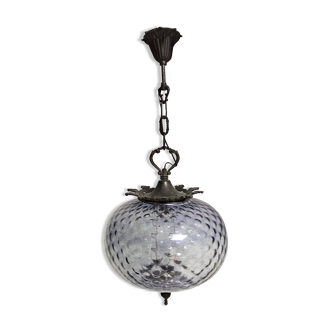 Ancienne suspension française style victorien bronze et verre violine
