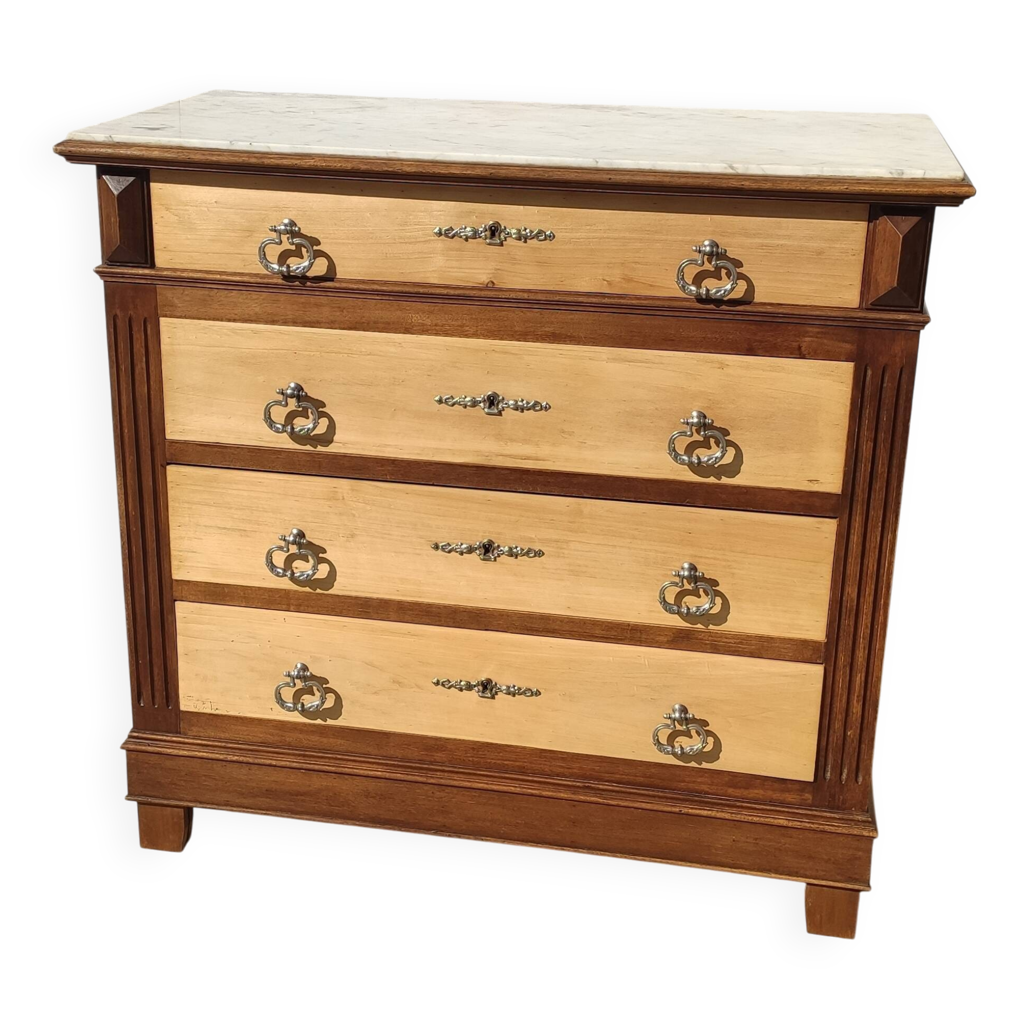 Old chest of drawers, white marble top.