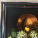 Still life painting, grapes and figs, oil on canvas.