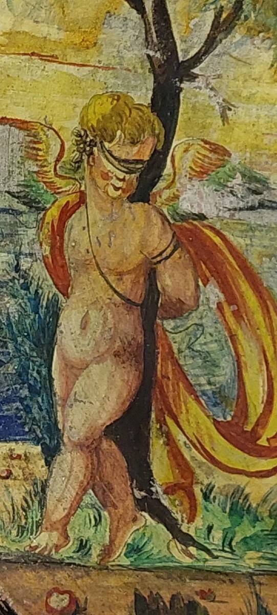 Antique cold-painted Cupino plate, late 19th century, Italy, majolica