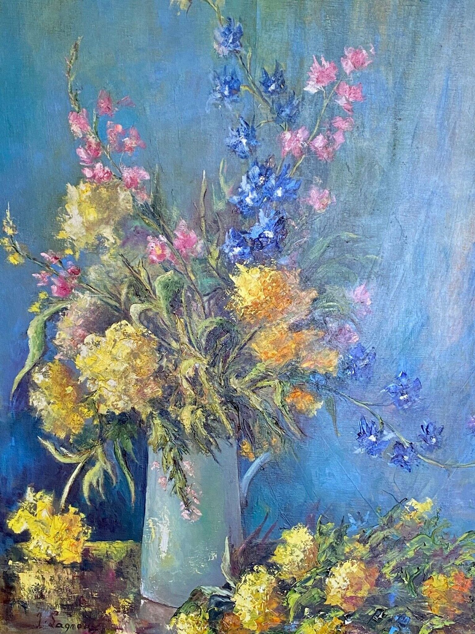 Oil on canvas by the lagnoux bouquet of still life flowers 1960
