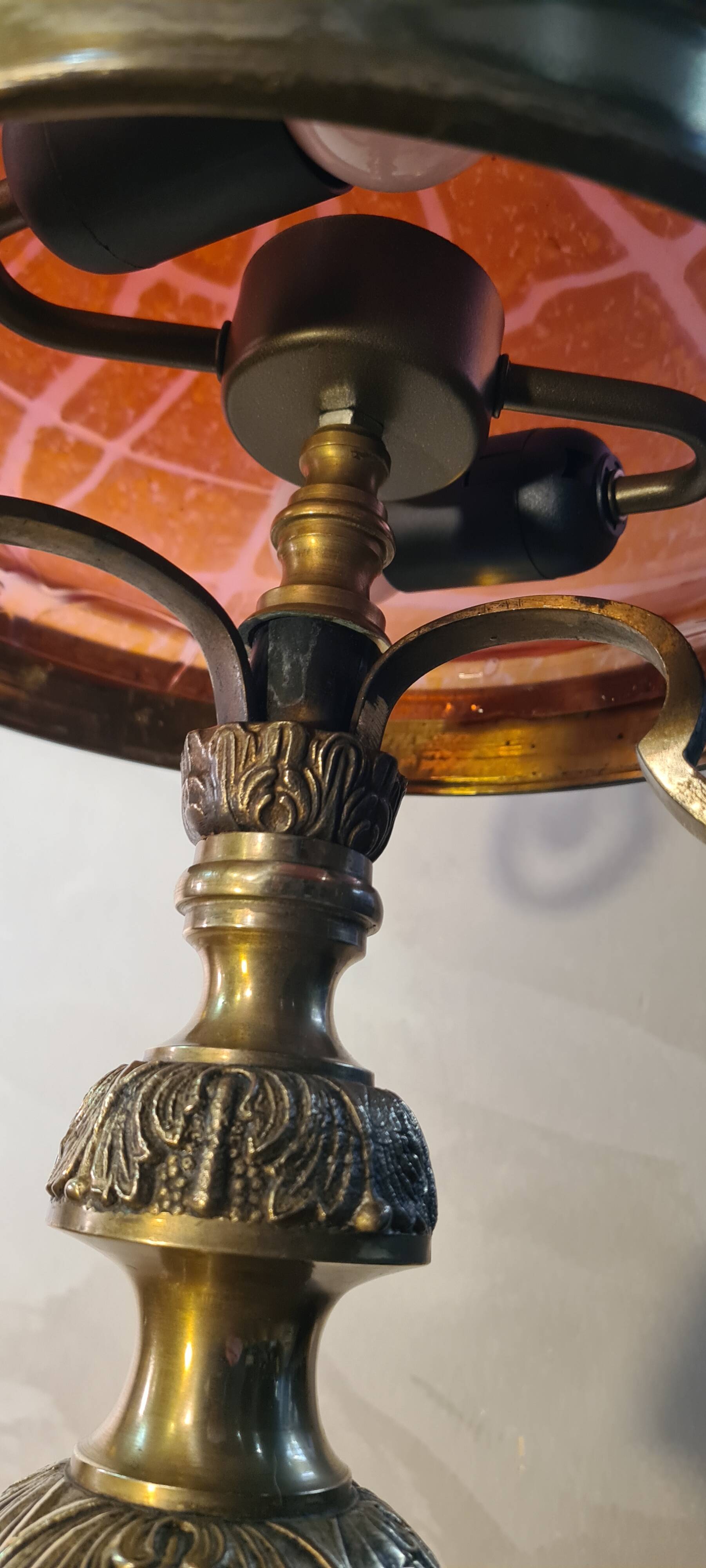 Austrian Art Nouveau bronze lamp with Loetz style art glass shade L54x32