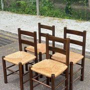 4 chaises bois massif chêne foncé pailées éléphant