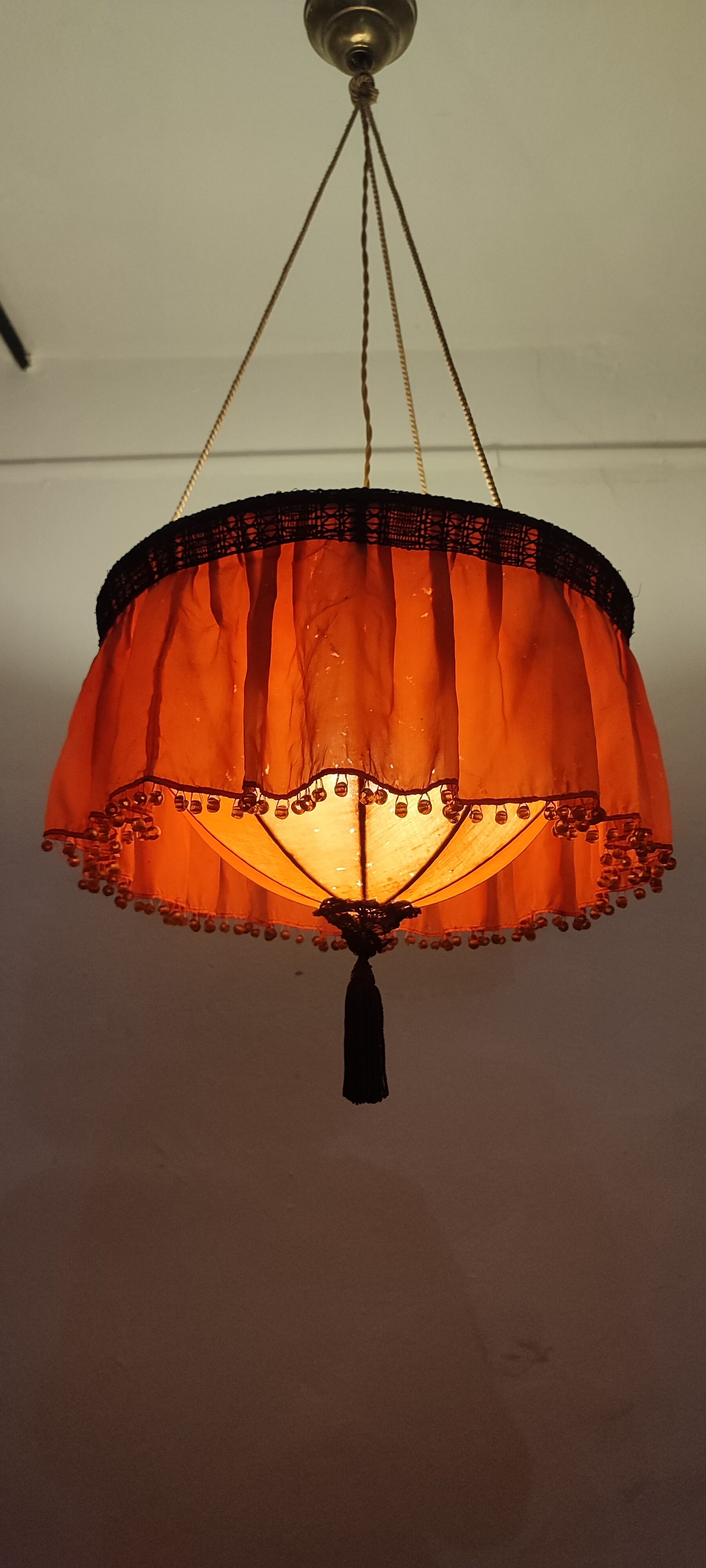 Ceiling lamp made of satin fabric and crystals, Spain, 1940