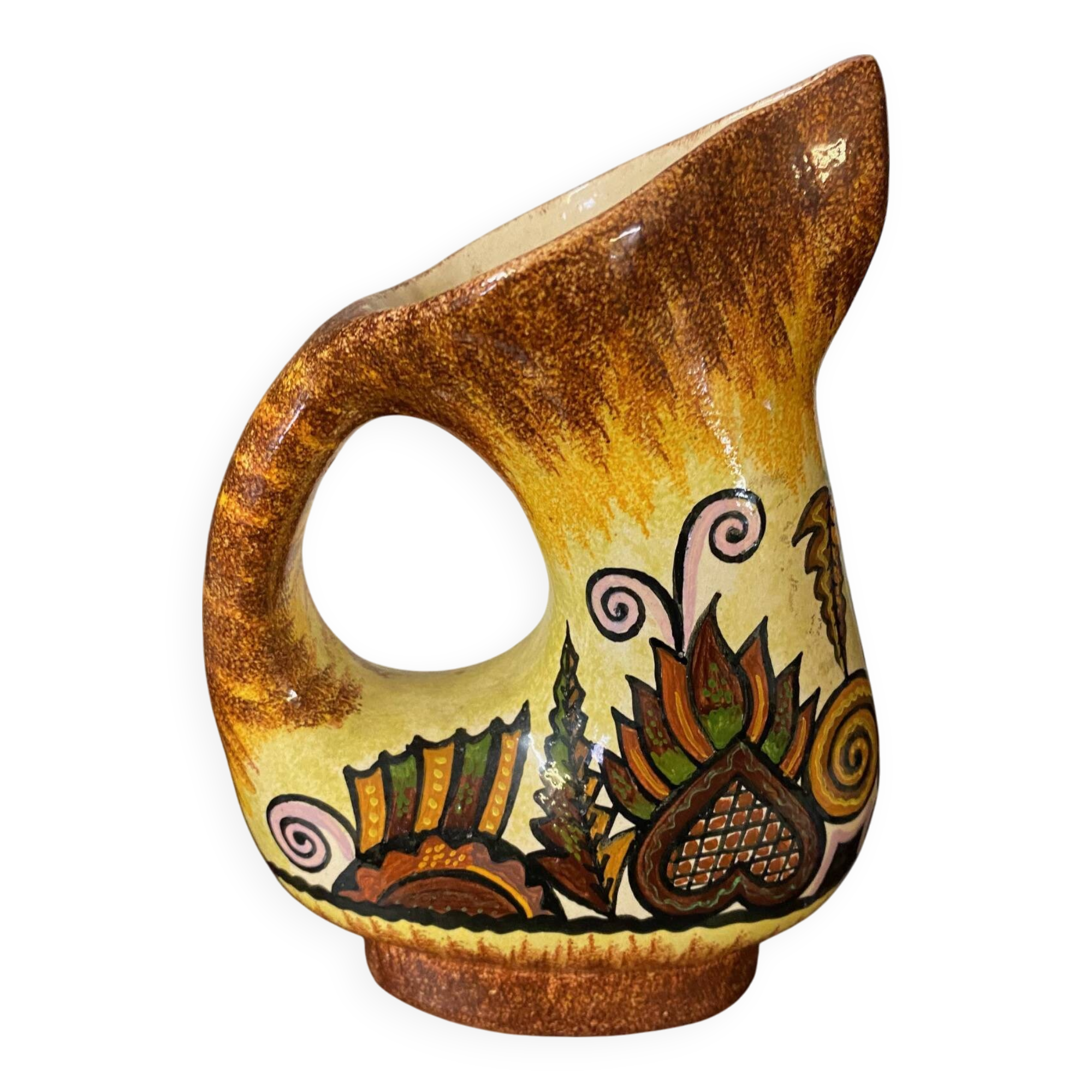 Quimper fouillen faience pitcher from the 50s/60s oblique shape gorse decor