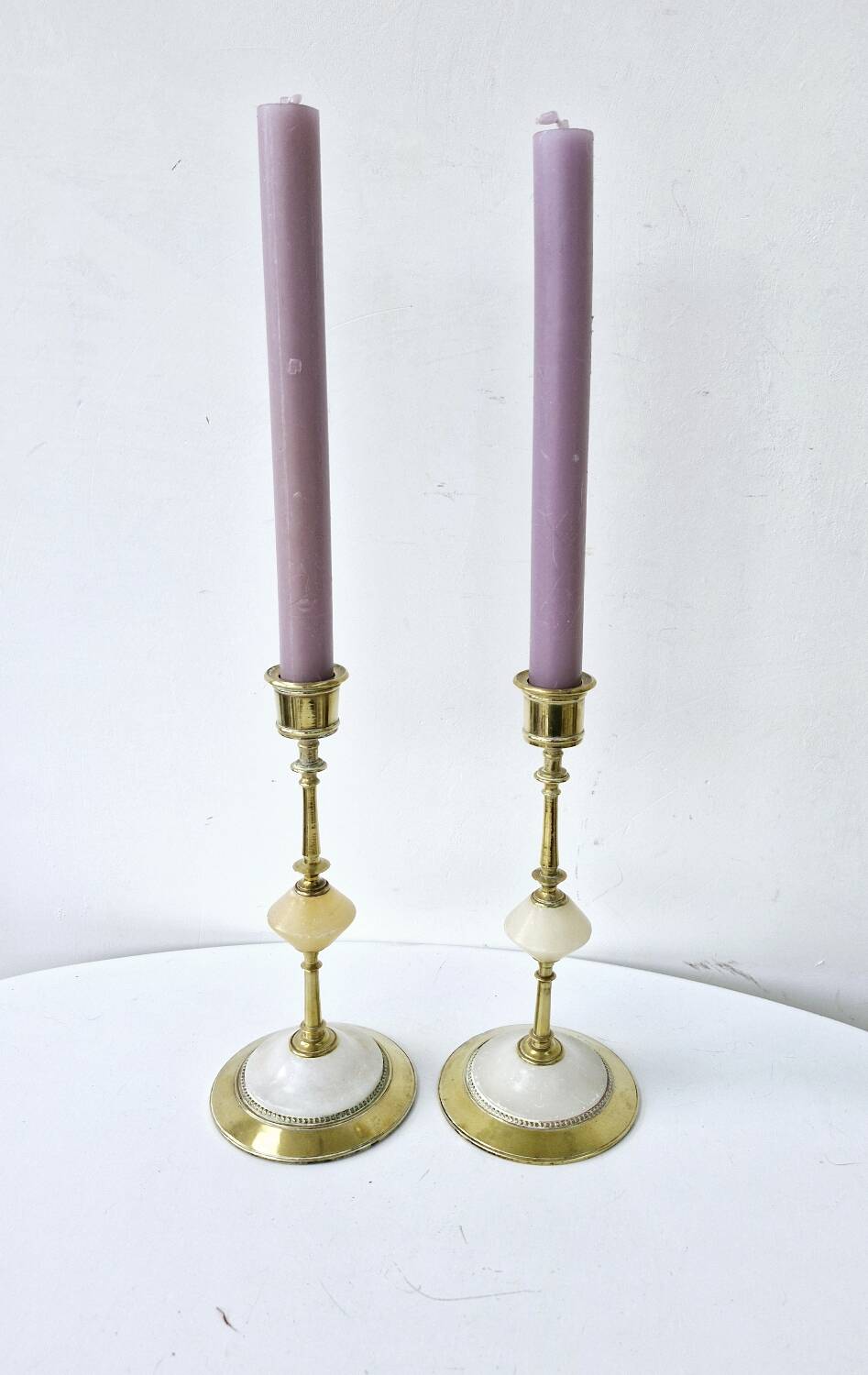 Pair Of Antique Candlesticks In Brass And Alabaster