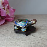 Miniature box in the shape of turtle cloisonné email on wooden base