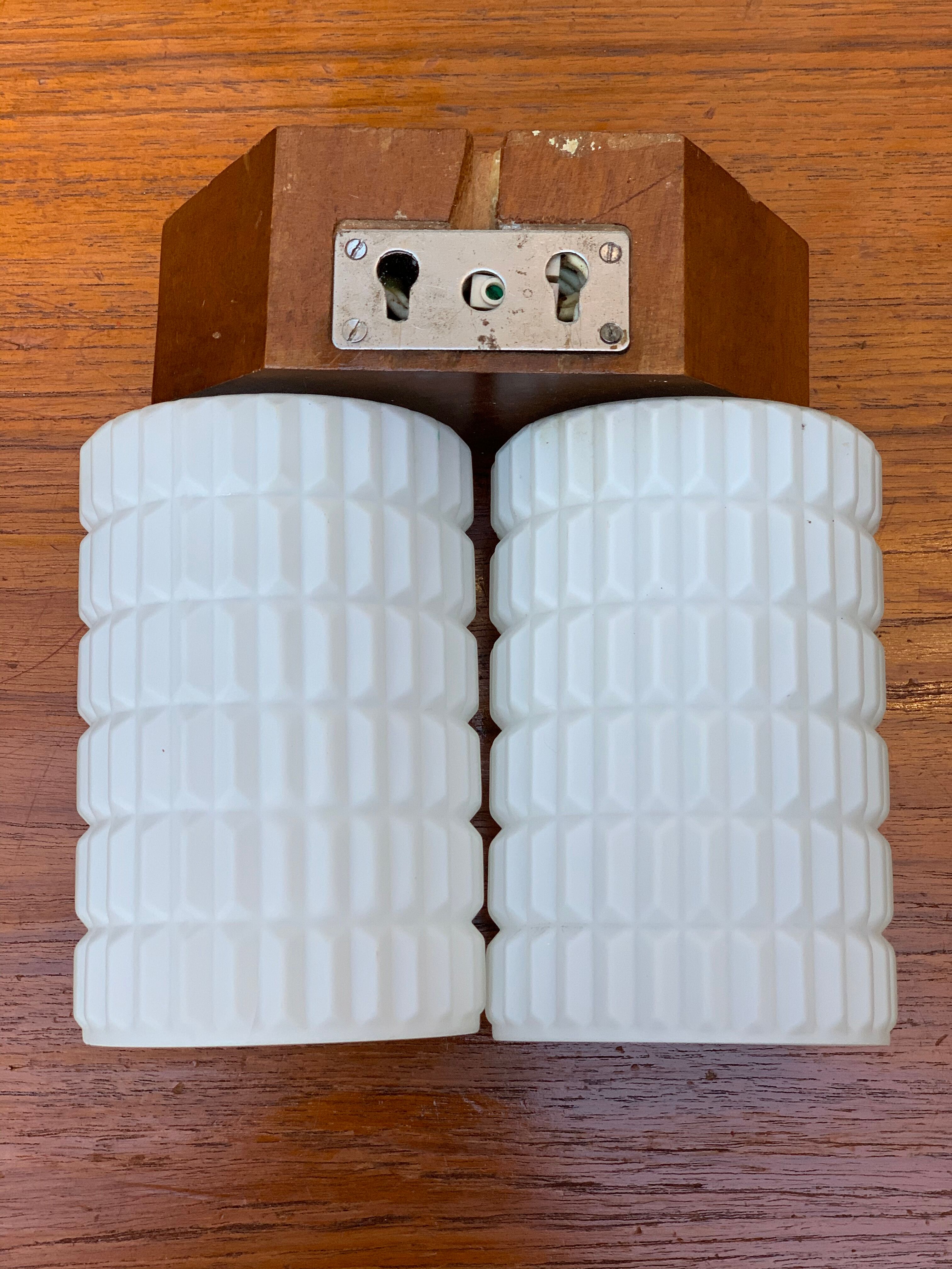 Wall sconce Scandinavian style vintage teak and 2 opalines