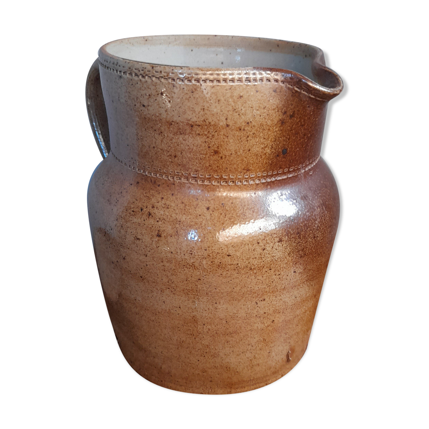 Pitcher in sandstone stamped glazed terracotta, bonny sandstone, handmade
