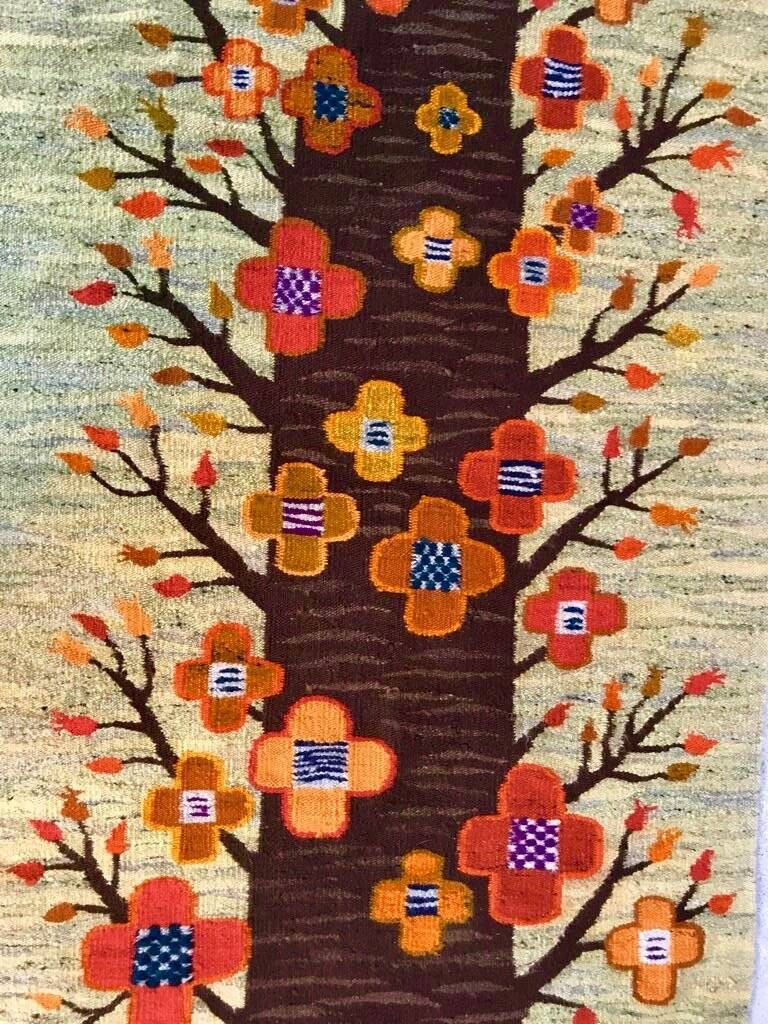 Polish kilim or wall rug with tree and blossoms motif from Cepelia, 1960s