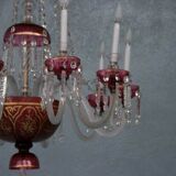 Lustre pampilles XIXème verre coloré doré et dorure
