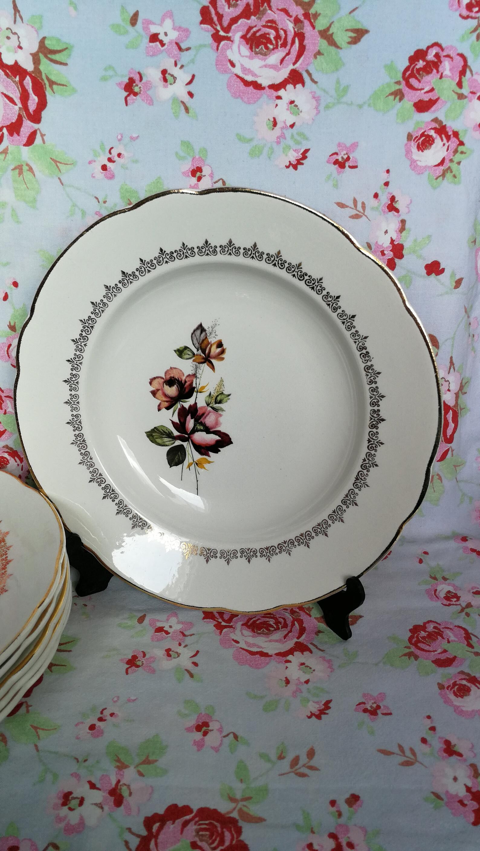 6 soup plates old crockery roses multi colour golden