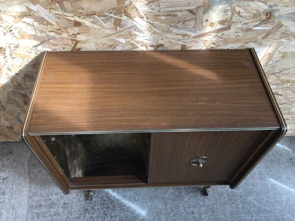 Meuble hifi prinz bois avec porte intérieur capitonné & verre audio vintage