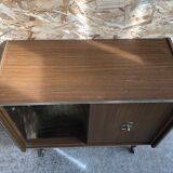Meuble hifi prinz bois avec porte intérieur capitonné & verre audio vintage