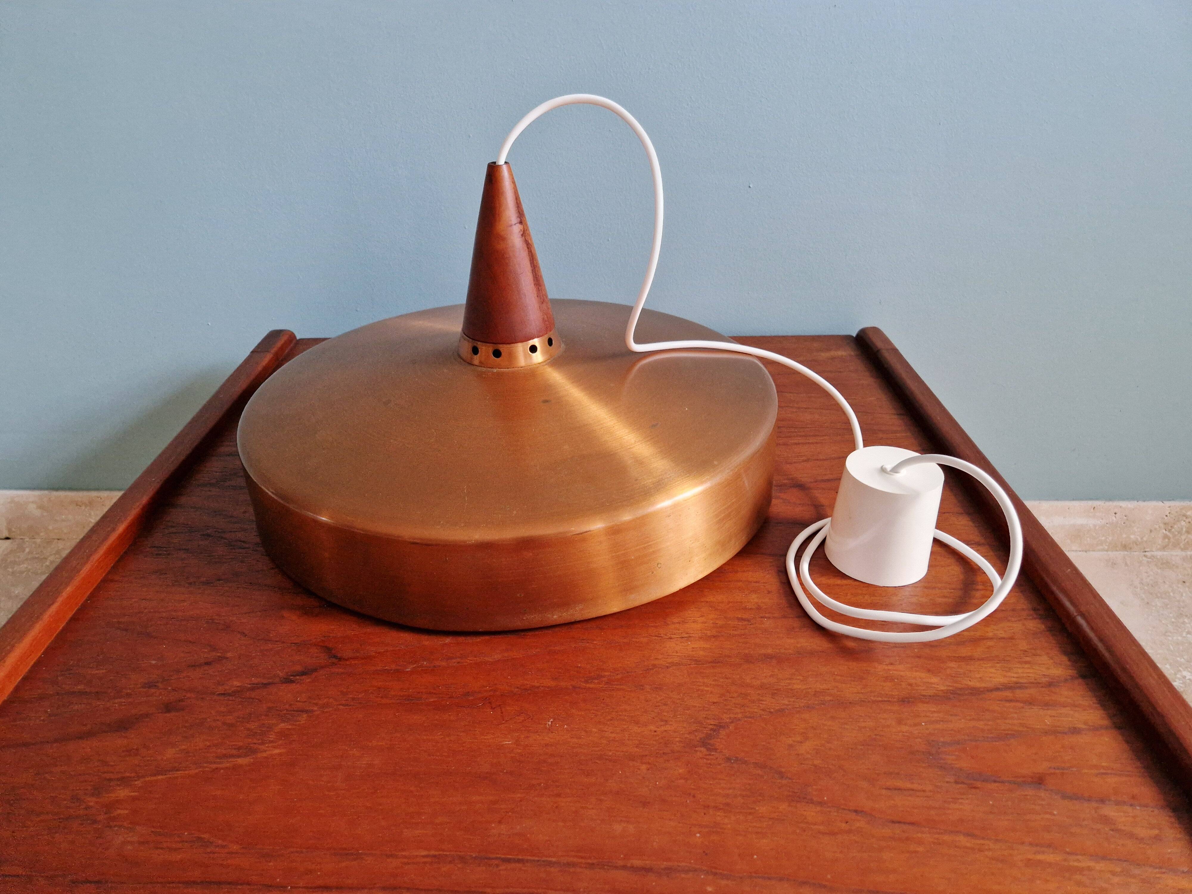Scandinavian pendant light in copper and teak, 1960s