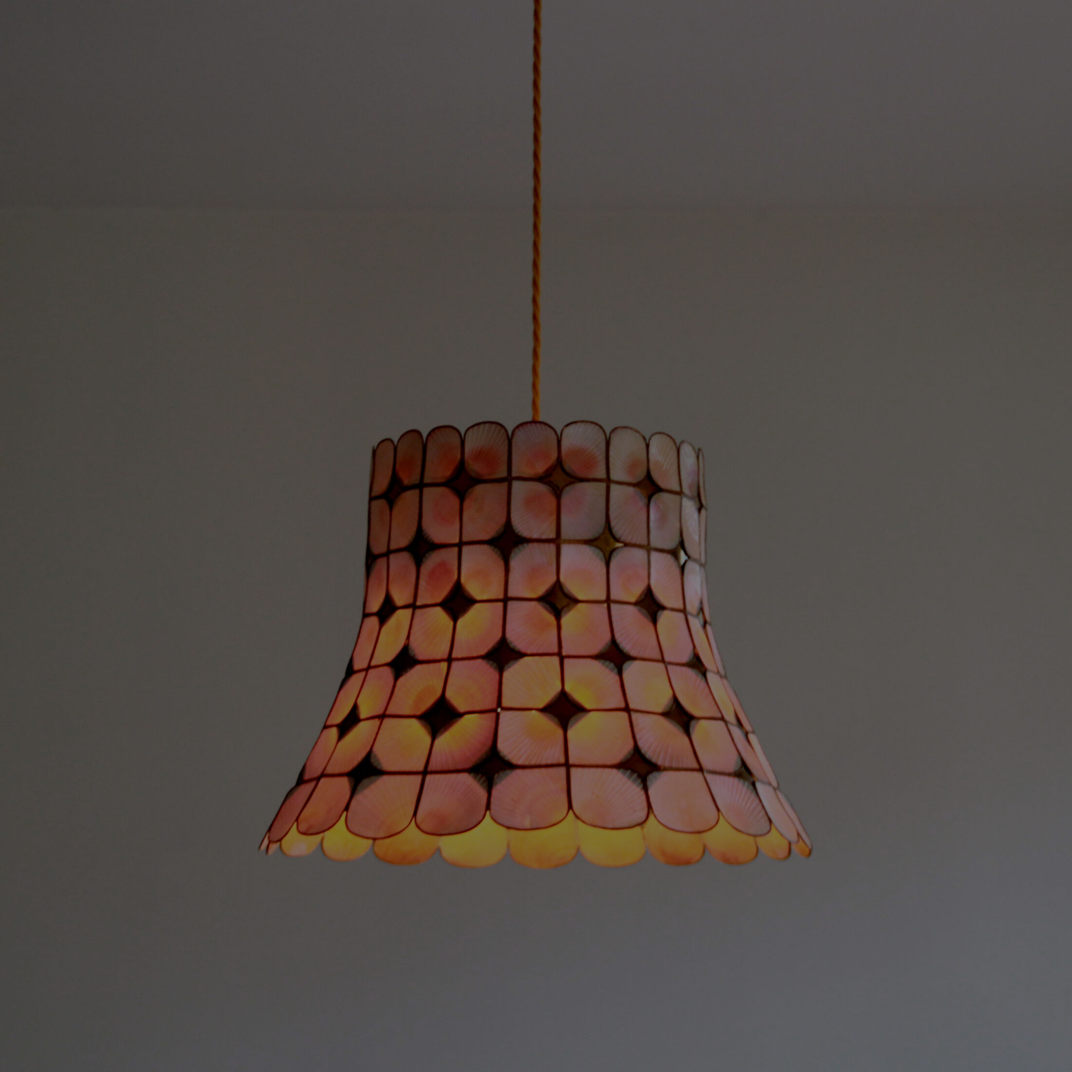 Hanging lamp, shell, brass and gilding day offal, 1960