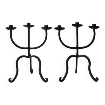 Pair of wrought iron candlesticks in the style of the Artisans of Marolles.
