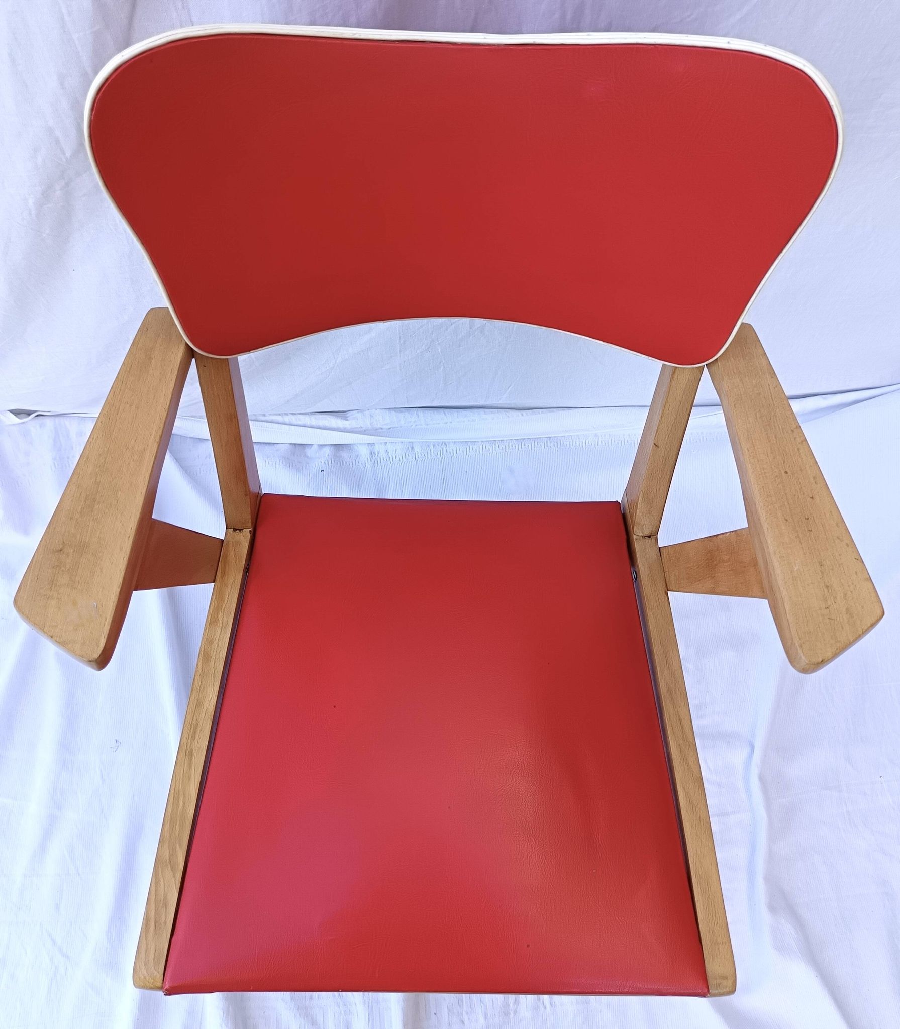 1960s wooden chair with armrests and faux leather seat