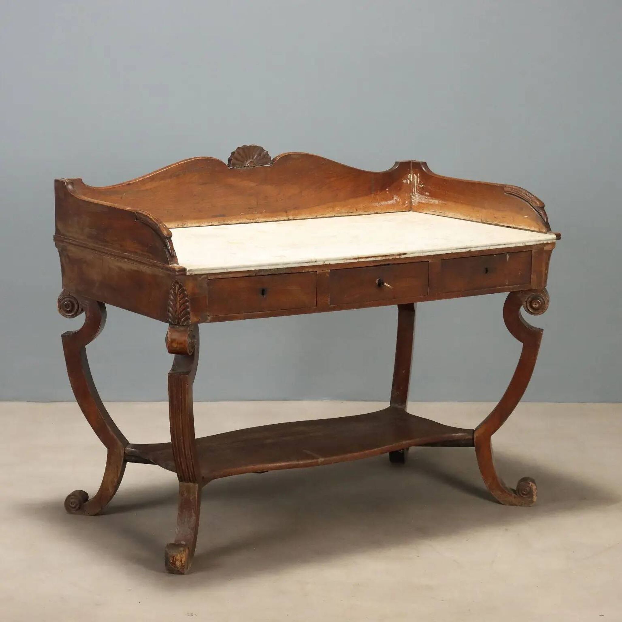 Ancient Empire desk in walnut with marble top, Italy, 19th century.