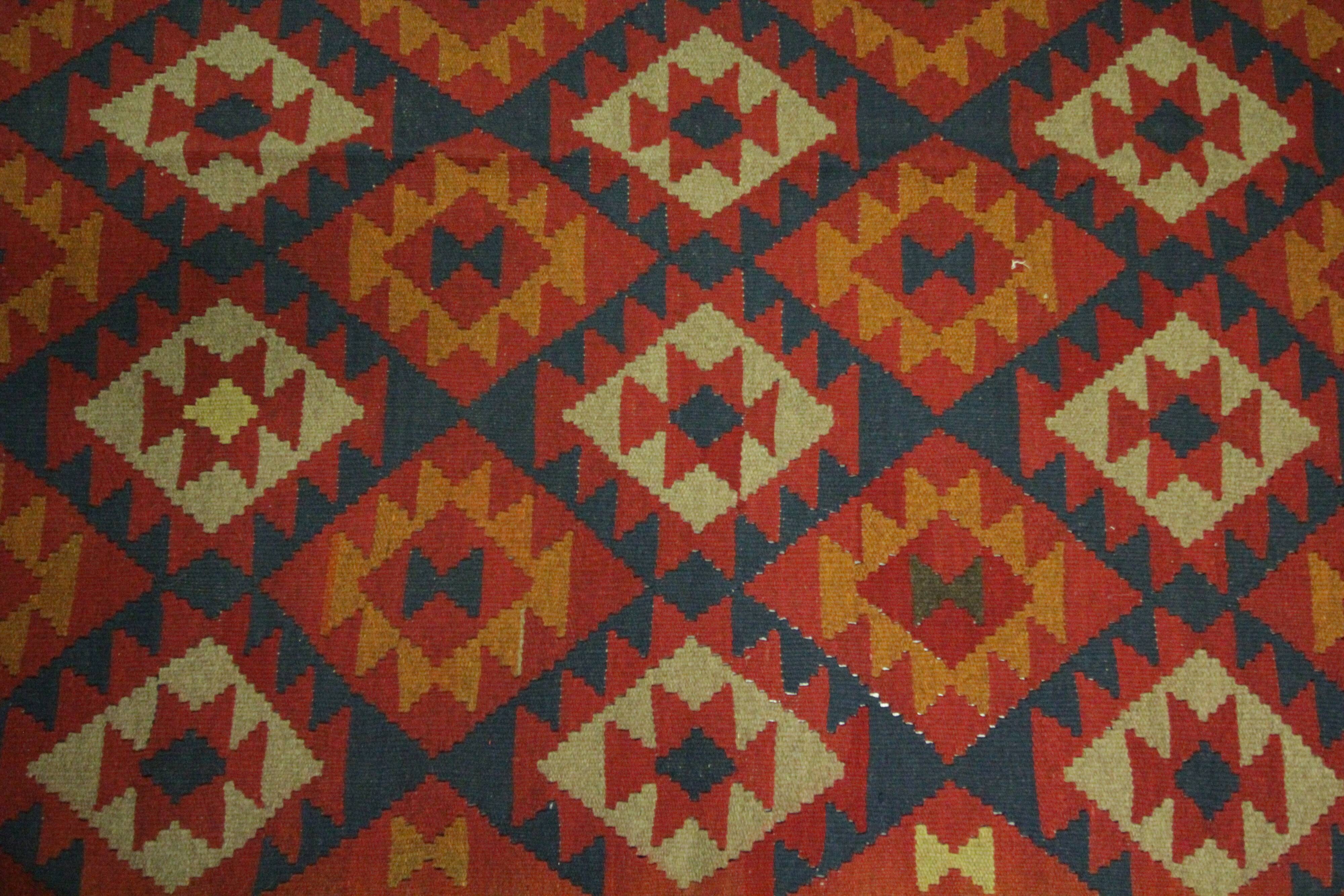 Burgundy Afghan Kilim Rug, Geometric Wool Flatweave, Handmade Tribal Carpet
