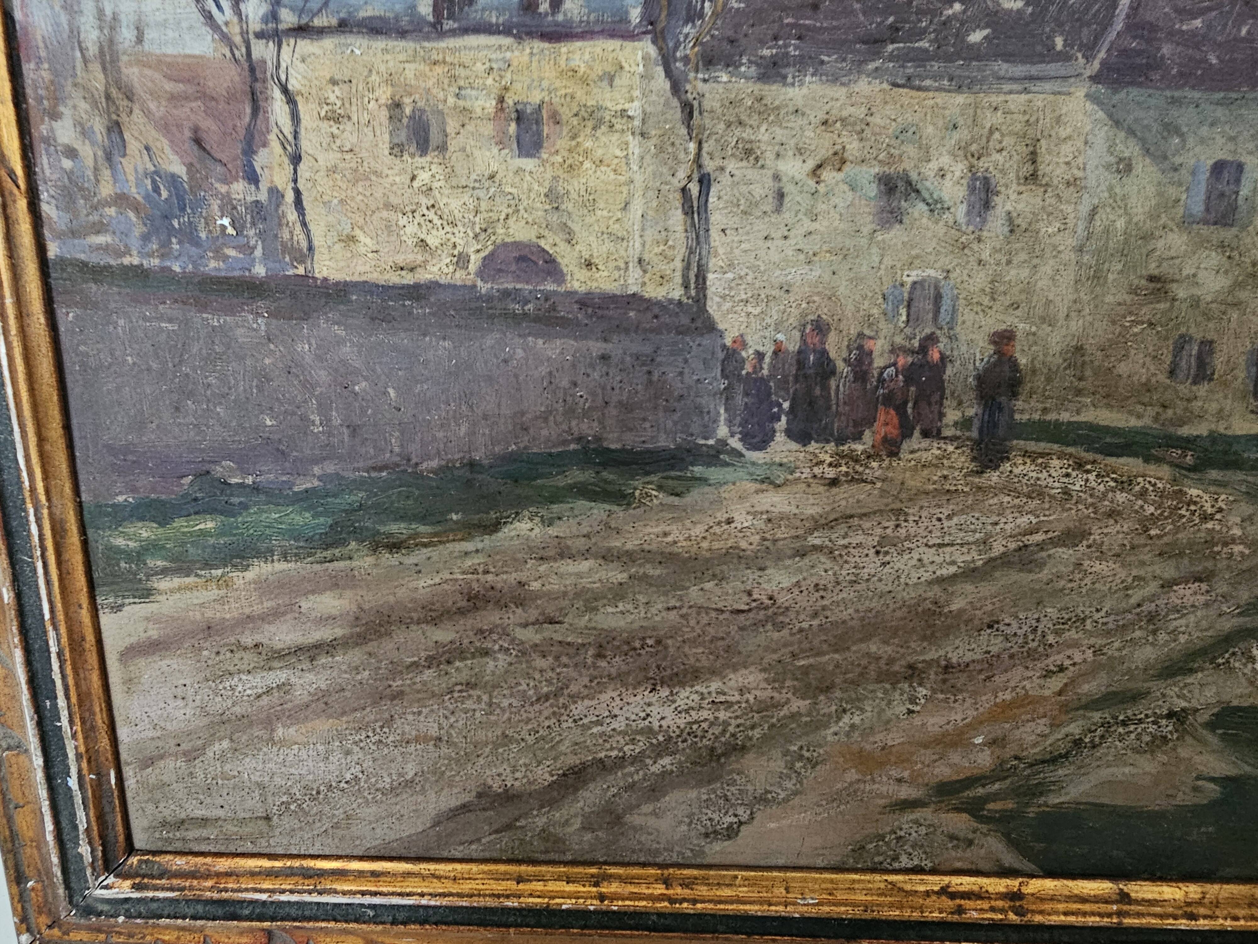 Oil on Panel Painting Animated Landscape Village Signed Gaëtan MONTAGNEY 1888