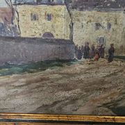Oil on Panel Painting Animated Landscape Village Signed Gaëtan MONTAGNEY 1888